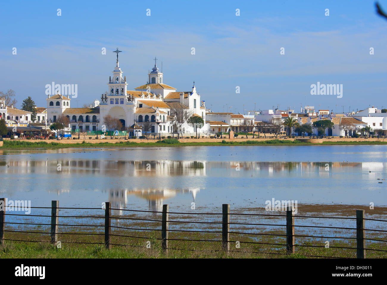 El Rocio village and Hermitage, Almonte El Rocio, El Rocío Marismas de Doñana, Doñana National Park, Huelva province, Andalusia Stock Photo