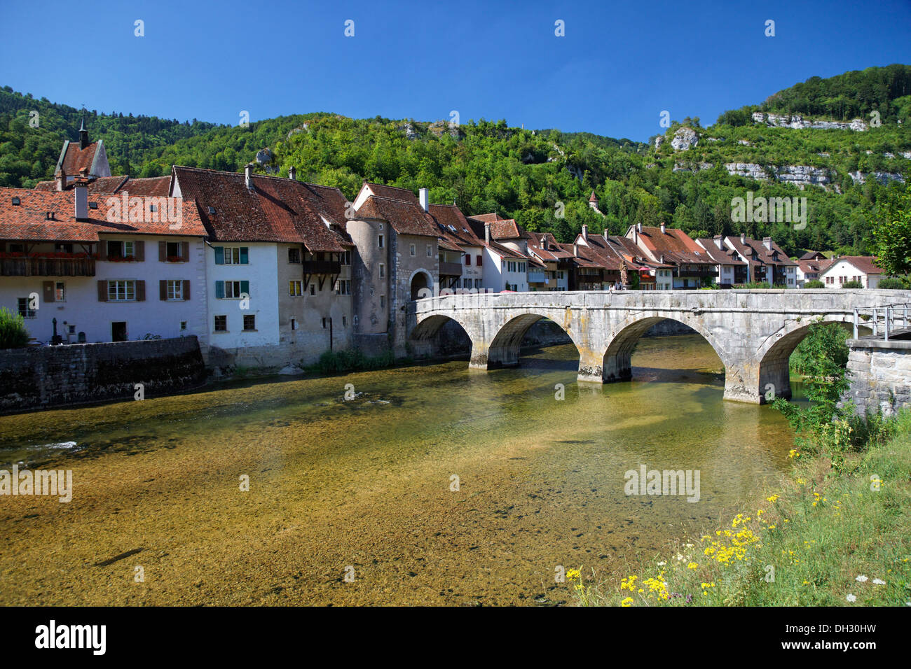 Switzerland, Jura mountains, St.Ursanne, bridge, village, Schweiz Stock
