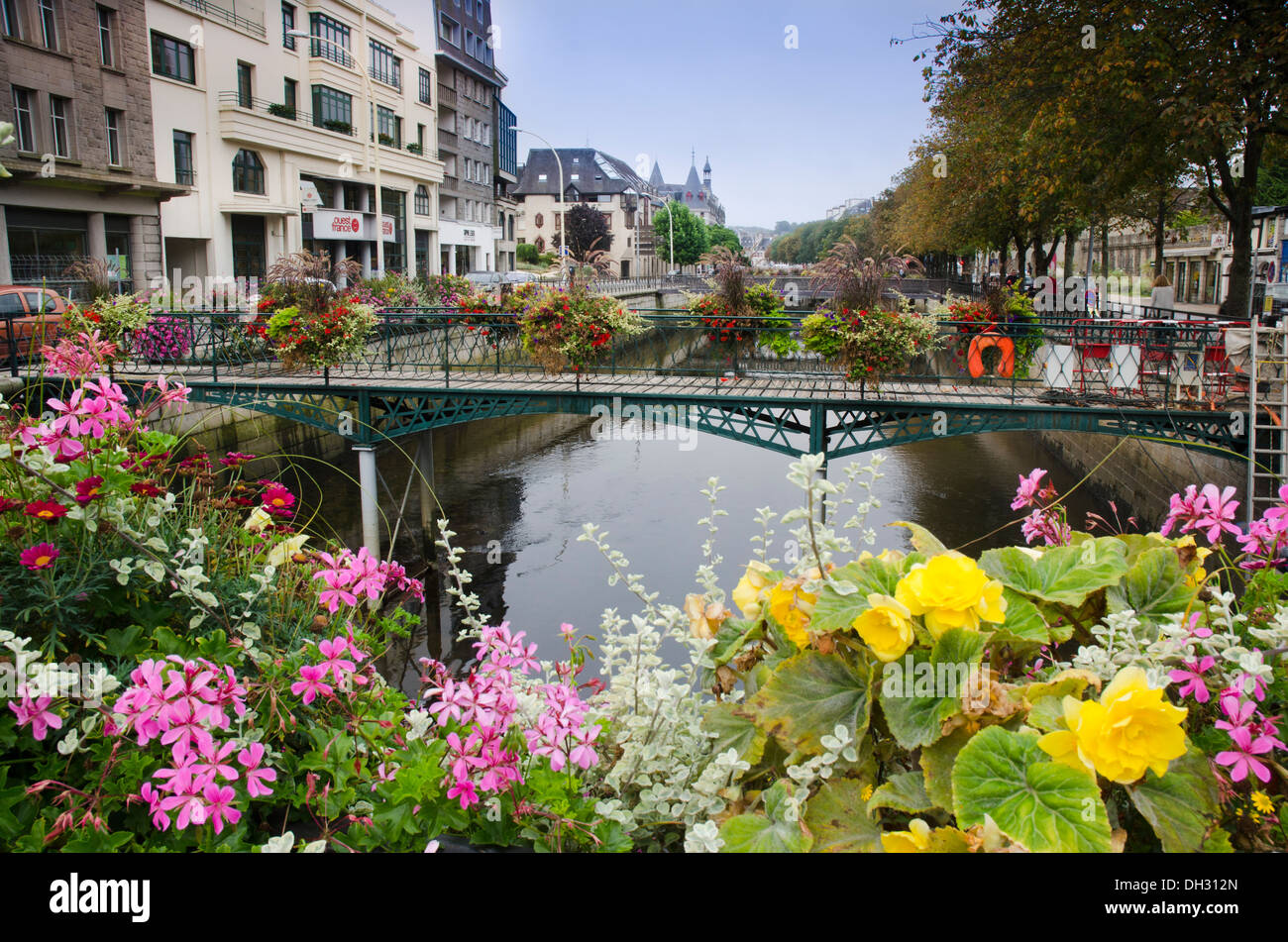 Flower displays on the bridges over the River Odet in Quimper, Brittany, France Stock Photo