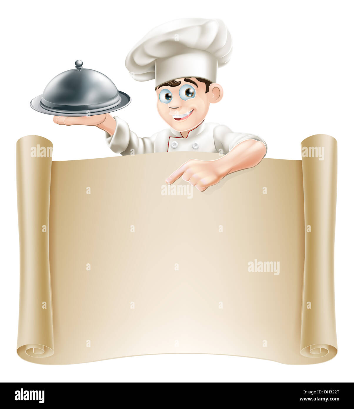 Drawing of a chef holding a silver platter or cloche pointing at a paper scroll or menu Stock Photo