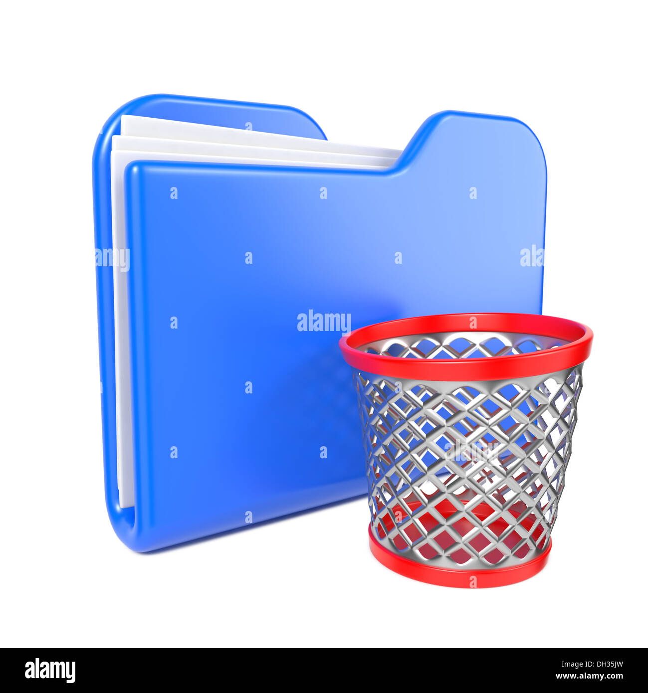 Blue Folder with Trash Bin. on White. Stock Photo