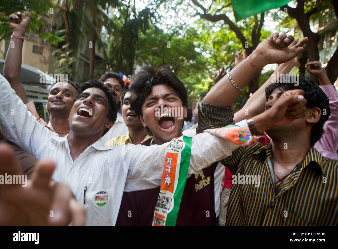 men supporters celebrating election victory of MNS political candidate Mumbai Maharashtra India Asia Stock Photo