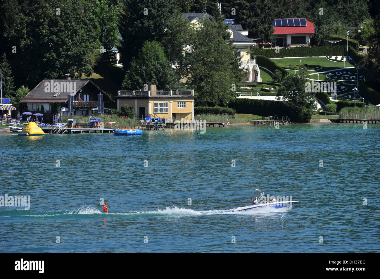 A water skier on the  Lake of the popular holiday resort of Velden am Worthersee in Austria Stock Photo