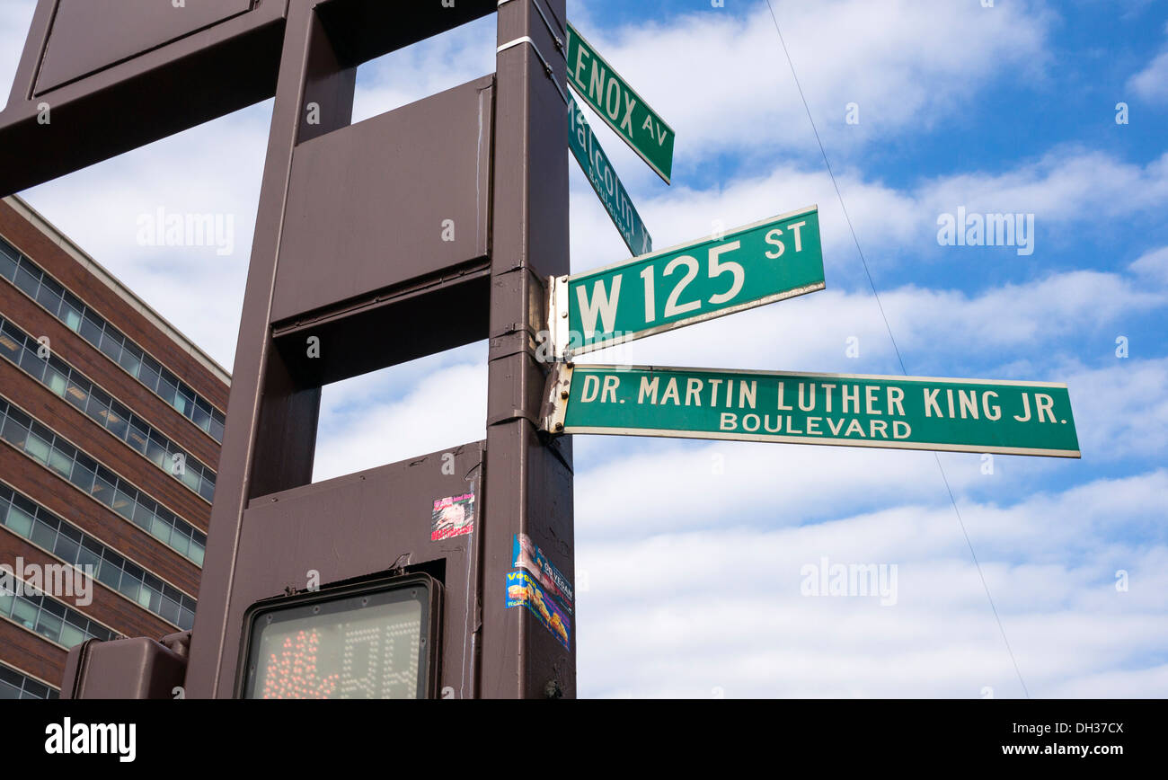 Dr. Martin Luther King Jr. Boulevard and Malcolm X Boulevard in Harlem in NYC Stock Photo