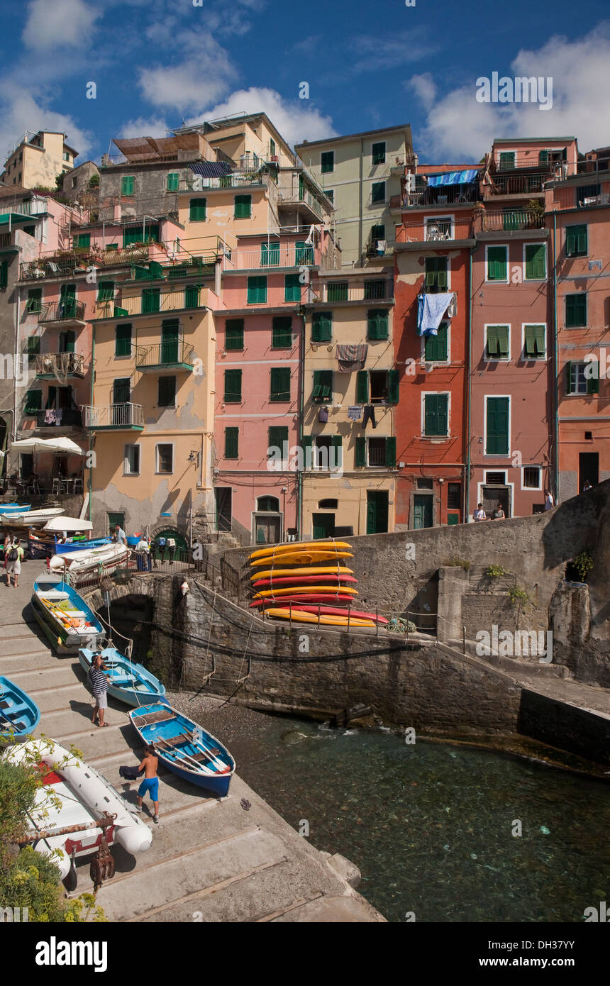 An elevated view of Riomaggiore harbour in the Cinque Terre region of Italy Stock Photo