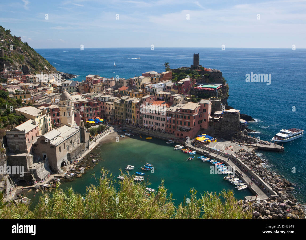 An elevated view of Vernazza Harbour in the Cinque Terre region of Italy Stock Photo