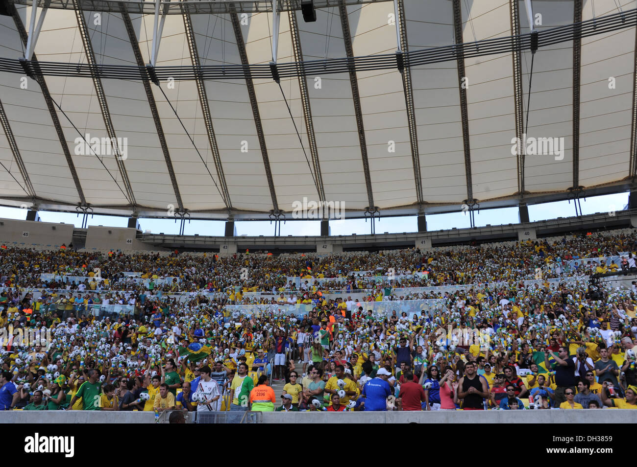 Local fans in the stadium. Brazil v England football match, Maracana stadium, Rio de Janeiro, Brazil. 2nd June 2013. Stock Photo