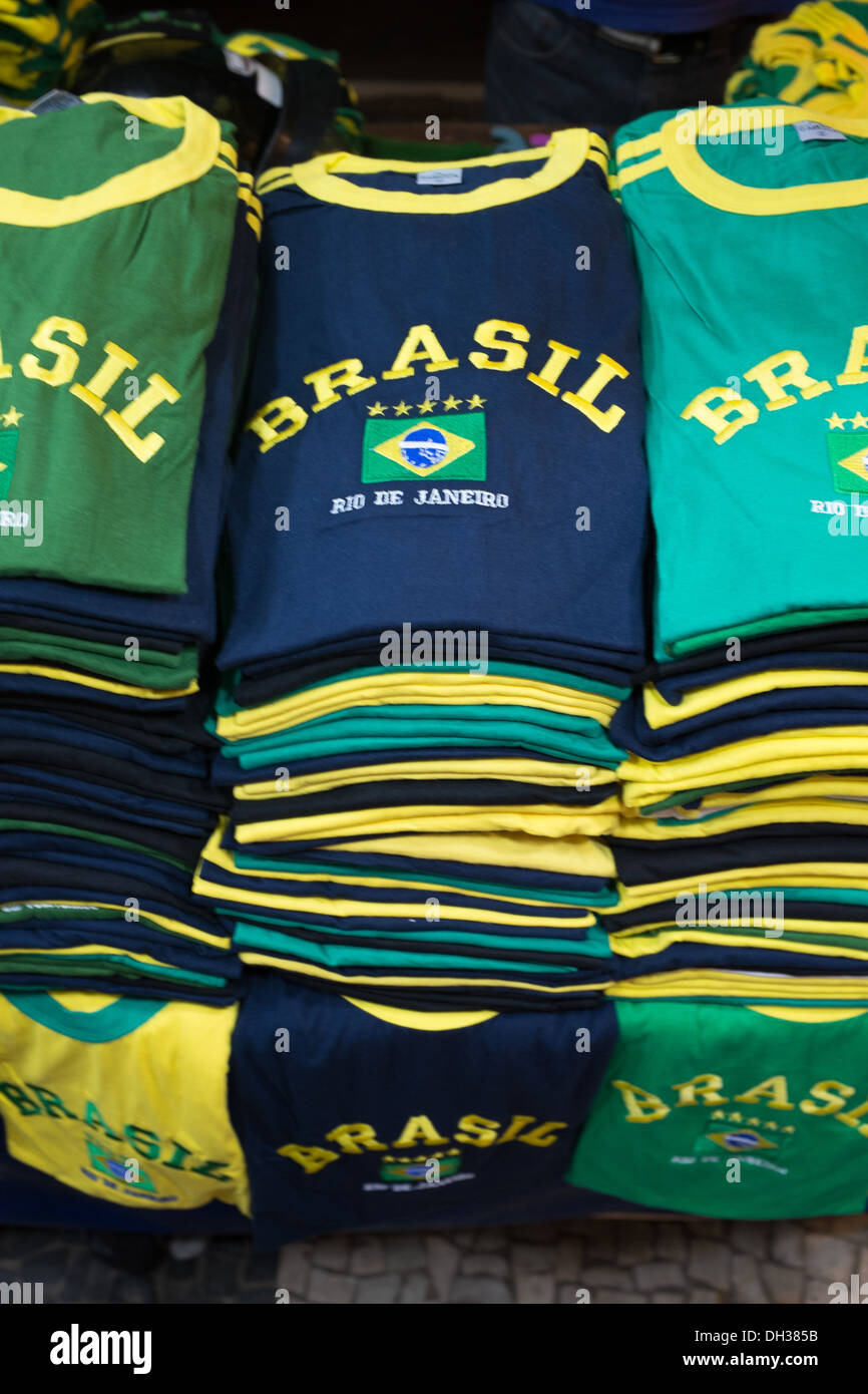 Brazil t-shirts in national football colours on sale on a stall