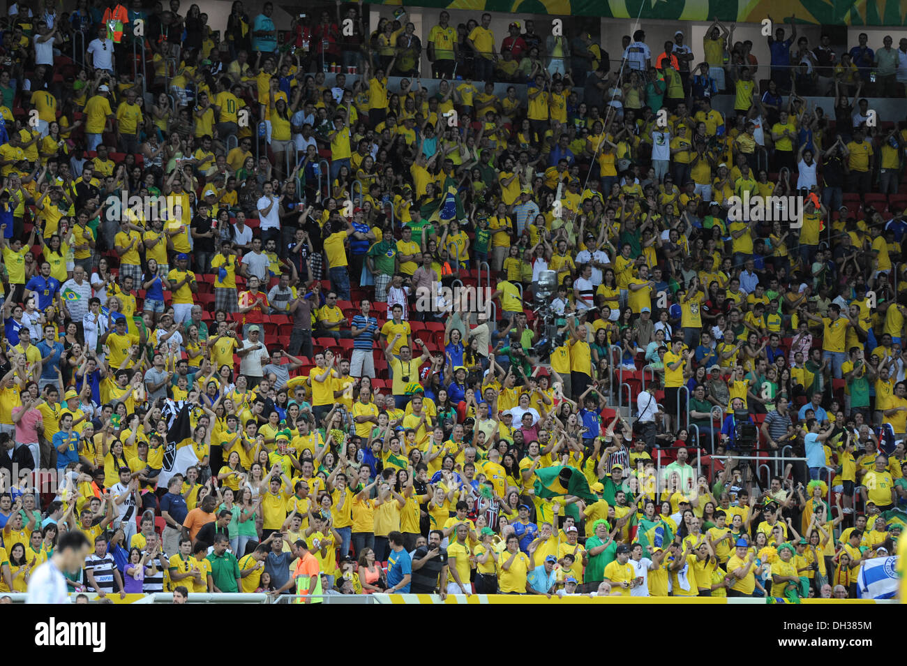 Local Brazil fans in the stadium. Brazil v Japan, FIFA Confederations Cup, Group match, Mane Garrincha national Stadium, Brasili Stock Photo