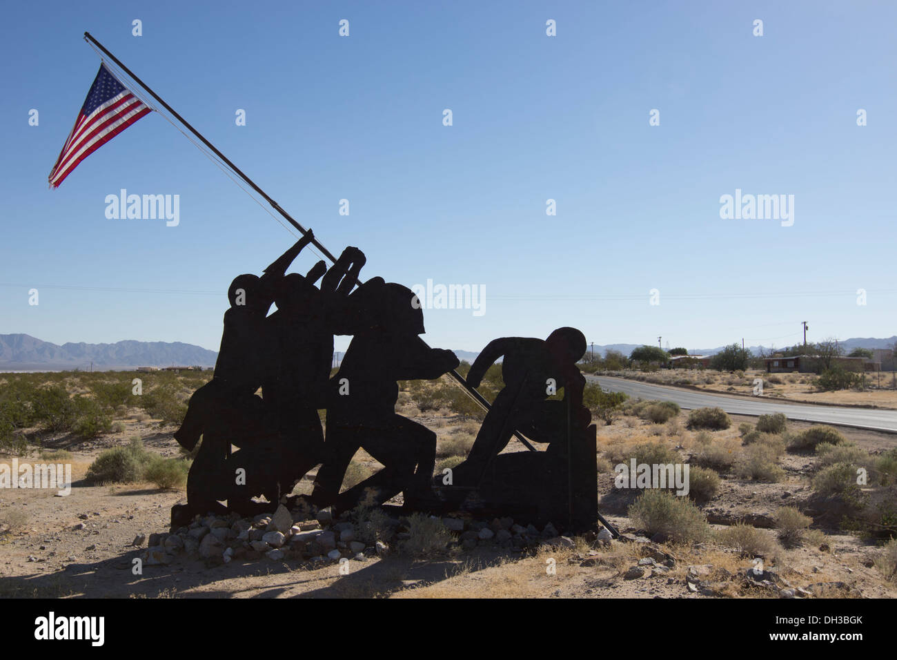 Roadside Iwo Jima memorial near Twenty Nine Palms, California made of cut-out wood mimicking the monument of Washington, DC. Stock Photo