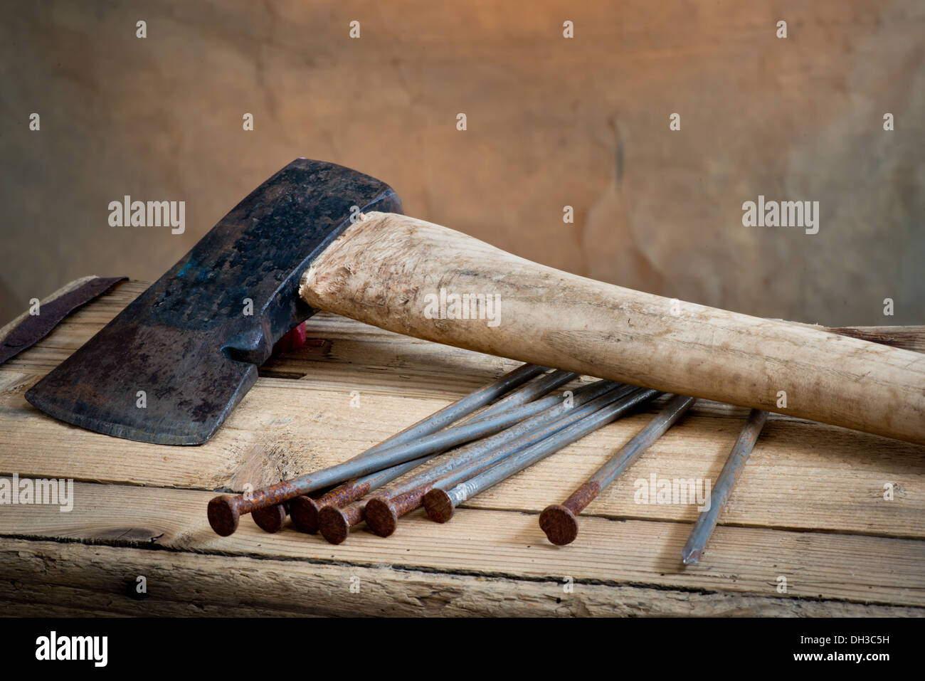 still life with old hatchet and nails Stock Photo