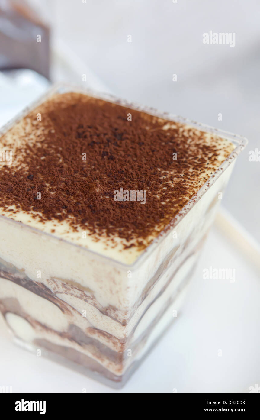 close up of Tiramisu cake in a glass Stock Photo