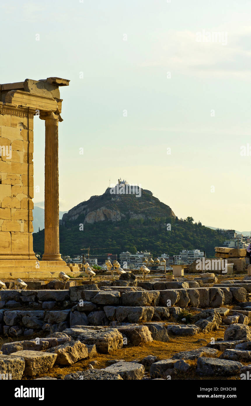 View past the Erechtheion temple towards Mount Lycabettus, Acropolis, Athens, Greece, Europe Stock Photo
