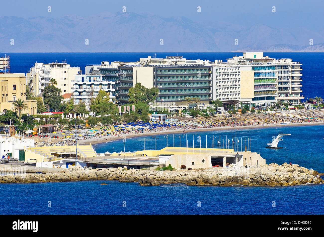 Hotel complex with a beach area, Rhodes, Rhodos Island, Dodecanese, Greece Stock Photo