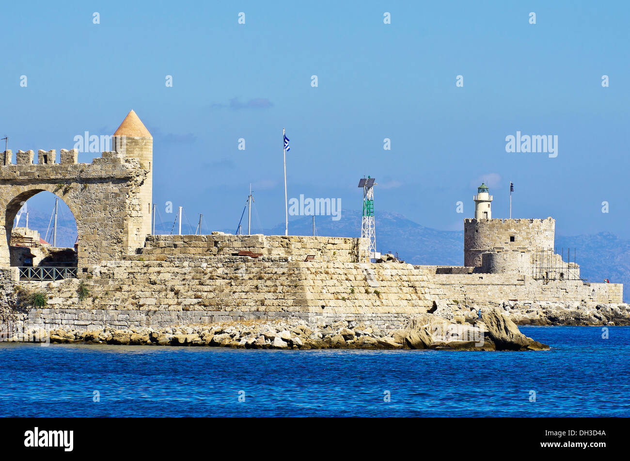 Harbour entrance of Rhodes in front of ramparts or defensive walls, Rhodes, Rhodos Island, Dodecanese, Greece Stock Photo