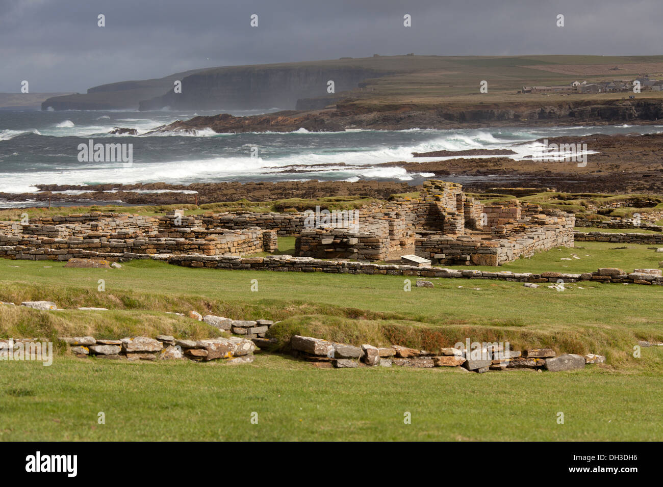 Islands of Orkney, Scotland. Low tide view from Orkney’s mainland to the tidal island, Brough of Birsay. Stock Photo