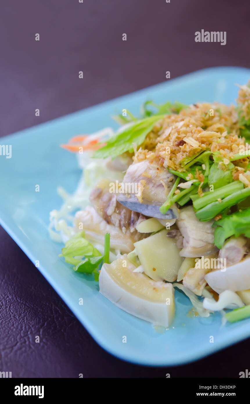 steamed fish with fried garlic and fresh vegetable Stock Photo