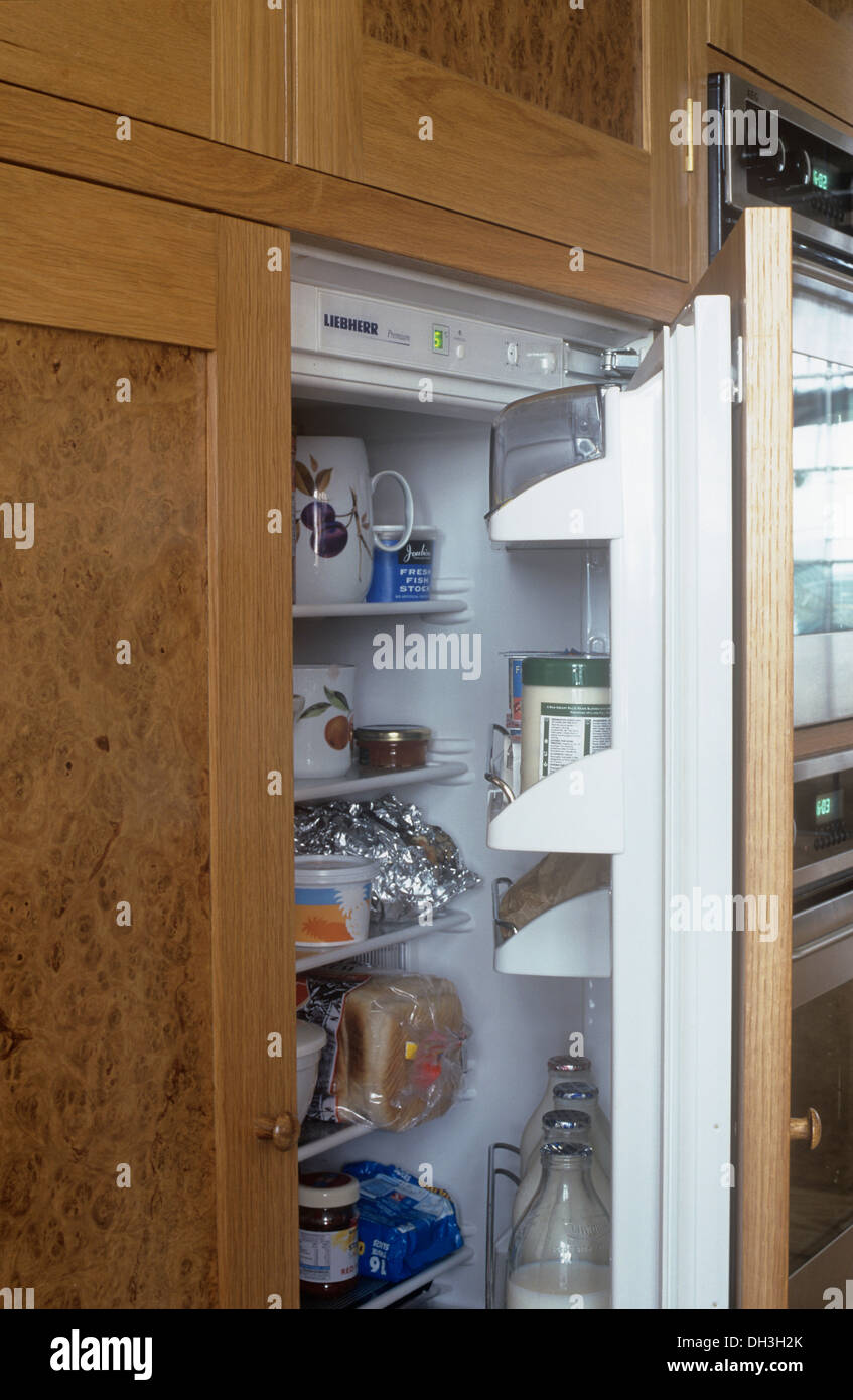 Closeup of open fridge door with view of contents, concealed in