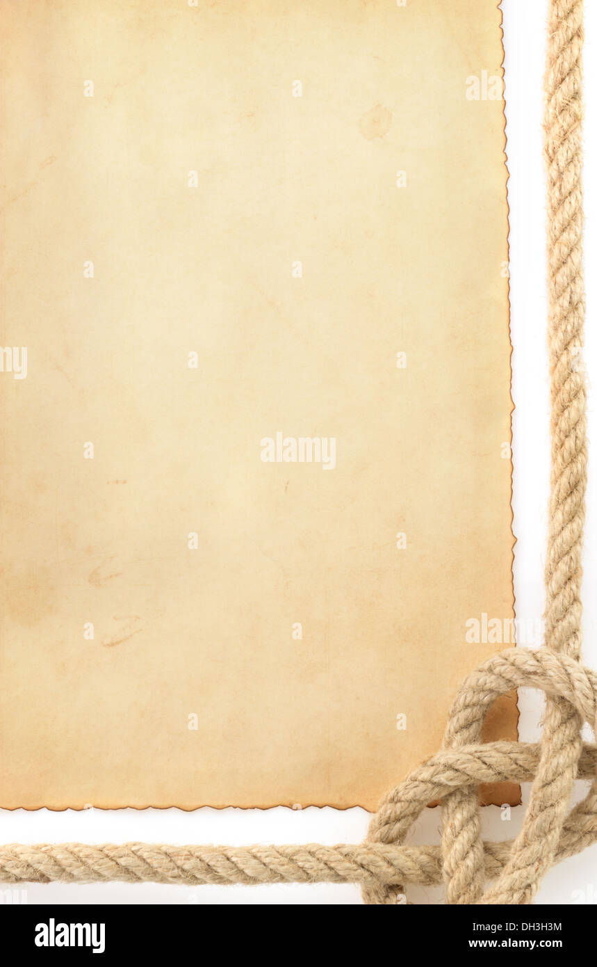 ropes and old paper isolated on white background Stock Photo
