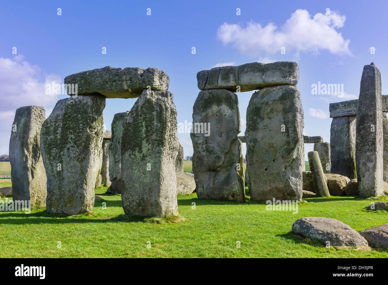 Stonehenge, prehistoric monument, on a bright winter's morning with blue sky as backdrop. Stock Photo