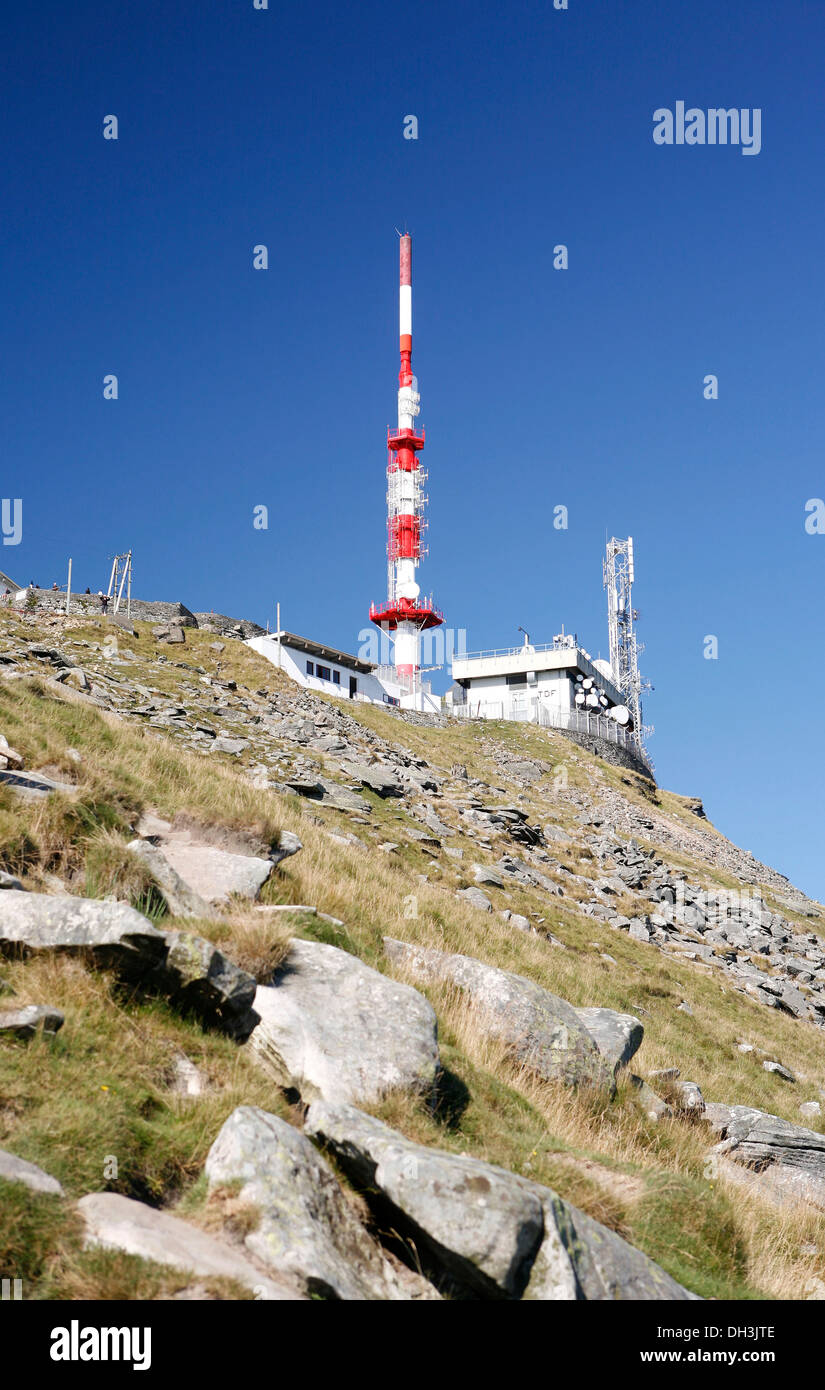 View towards the summit of La Rhune Mountain, 905m, with a radio mast, Basque Country, Pyrenees, Aquitaine region, department of Stock Photo