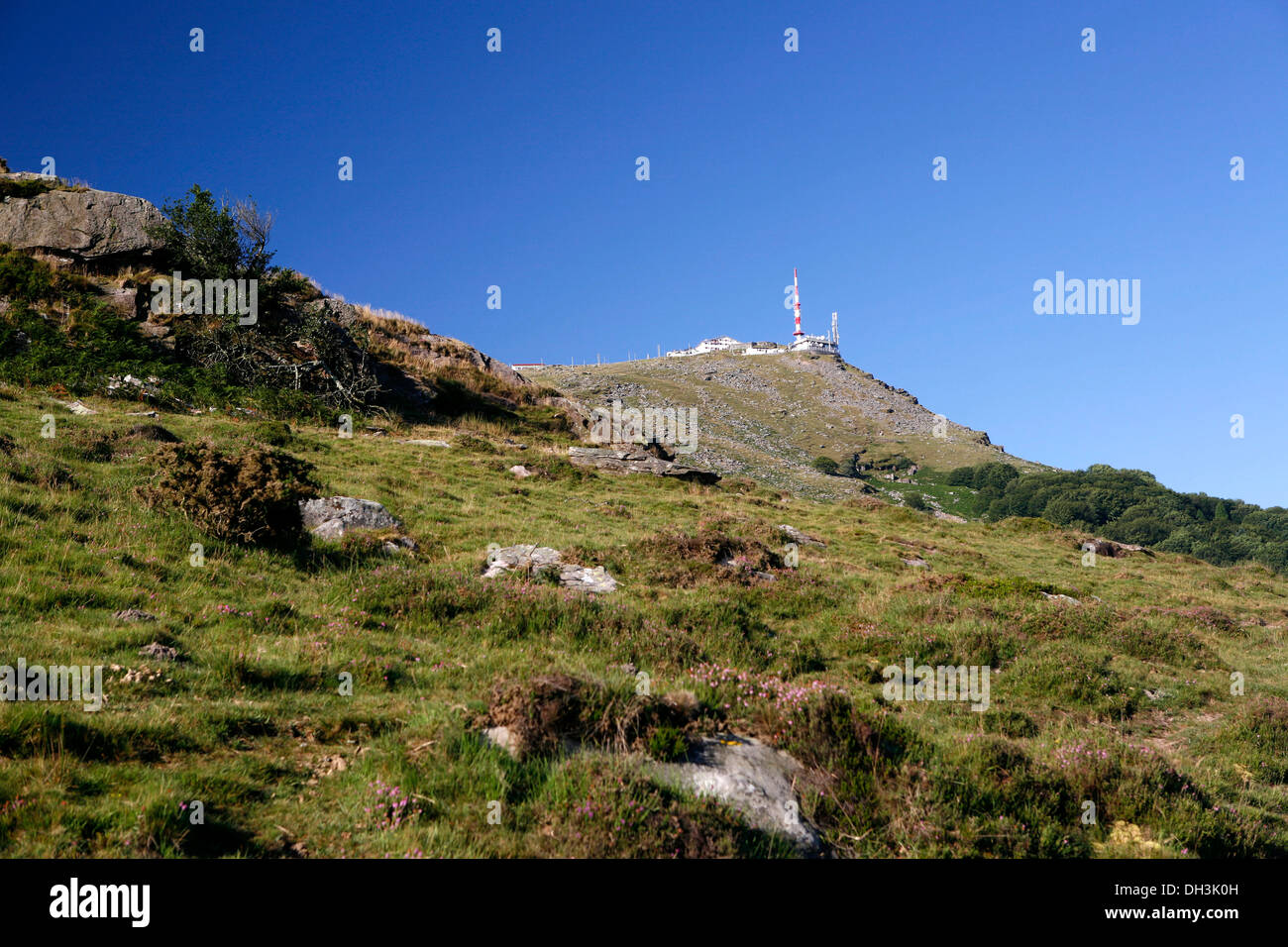 View towards the summit of La Rhune Mountain, 905m, Basque Country, Pyrenees, Aquitaine region, department of Stock Photo