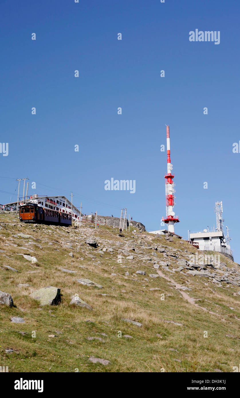 Historic funicular from 1924 up to the summit of La Rhune Mountain, 905m, radio mast, Basque Country, Pyrenees, Aquitaine Stock Photo