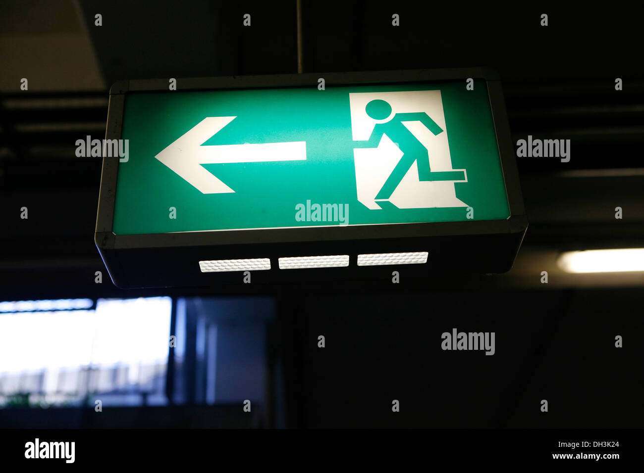 Emergency exit sign, underground car park, Koeln-Arcaden, Cologne-Kalk, North Rhine-Westphalia Stock Photo