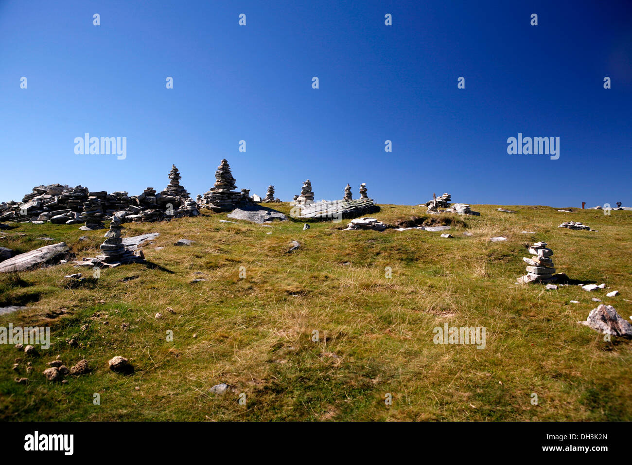 Cairns on the summit of La Rhune Mountain, 905m, Basque Country, Pyrenees, Aquitaine region, department of Stock Photo