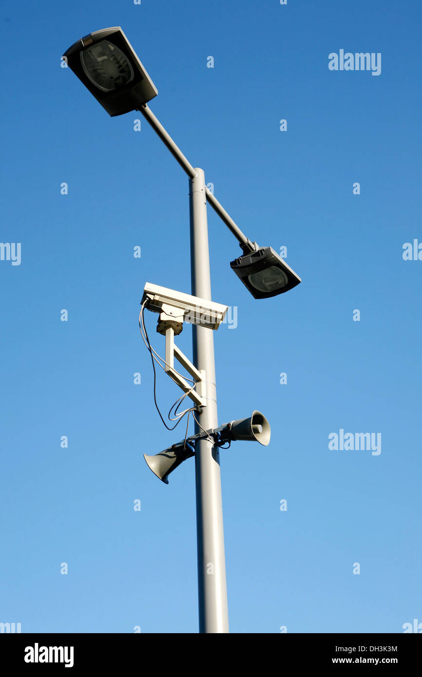 Lantern with a speaker system and video surveillance, on a parking deck, multi-storey car park, Koeln-Arcaden shopping centre Stock Photo