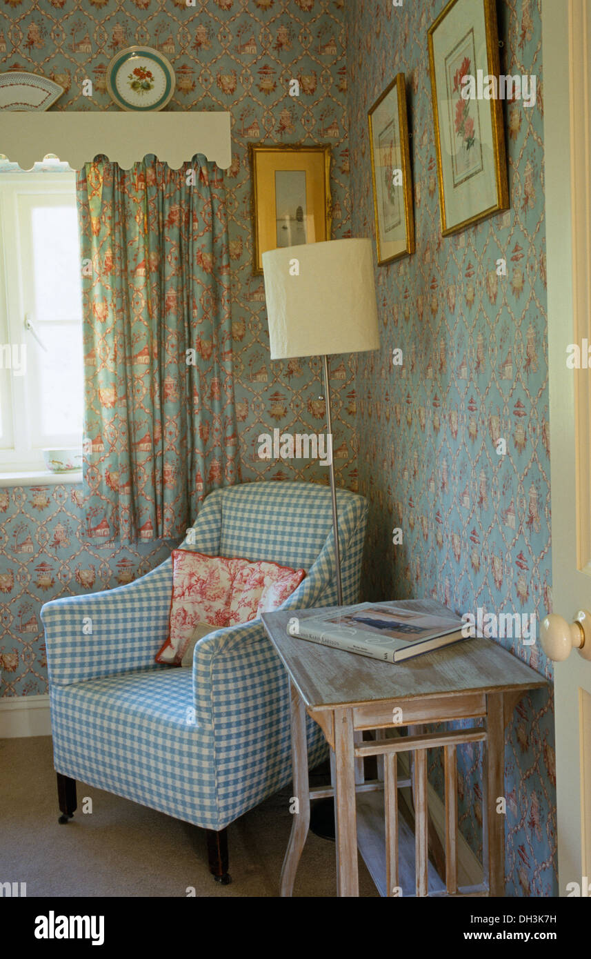 Floral wallpaper matching curtains in hires stock photography and