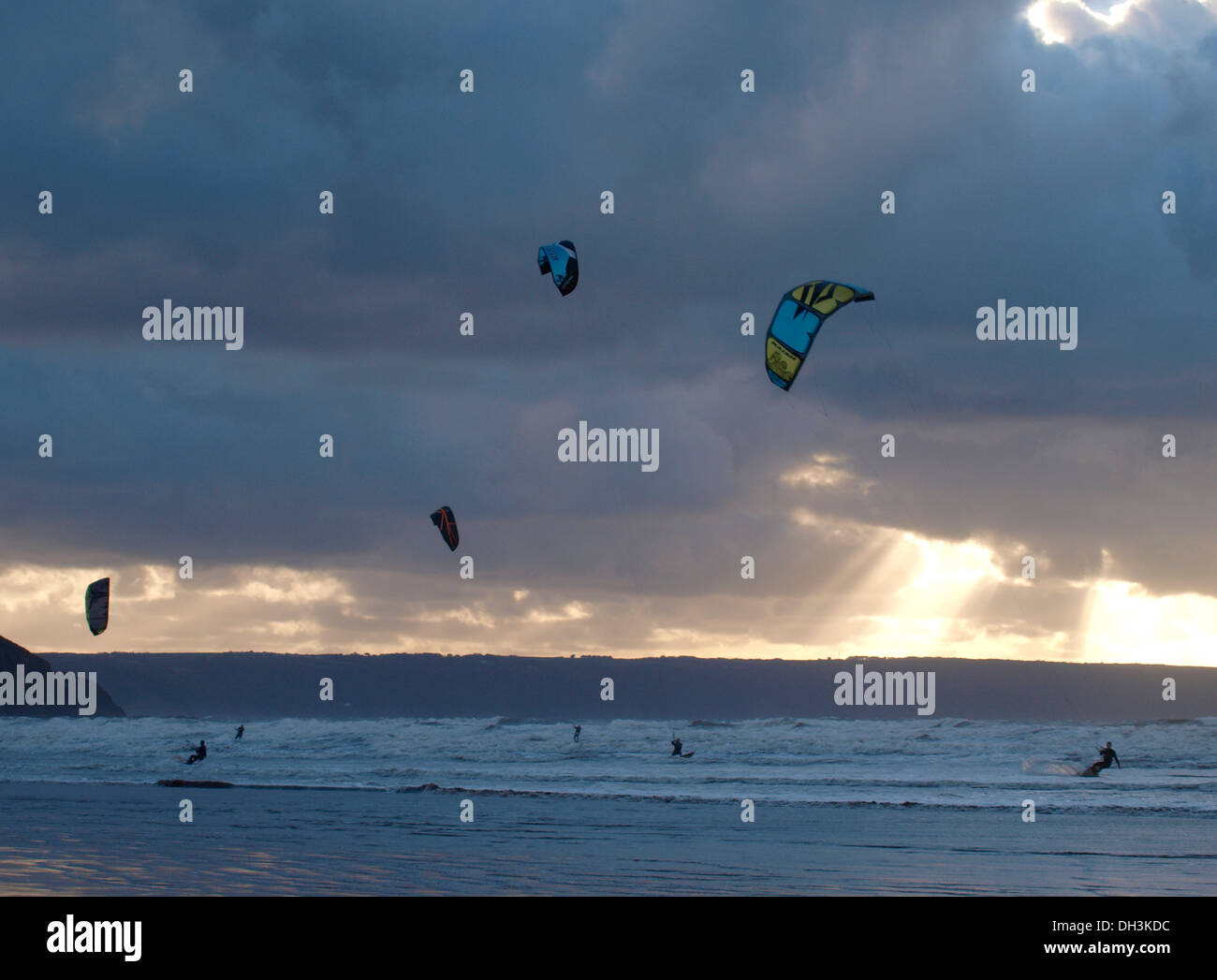 Winter kite surfing, Westward Ho!, Devon, UK Stock Photo Alamy
