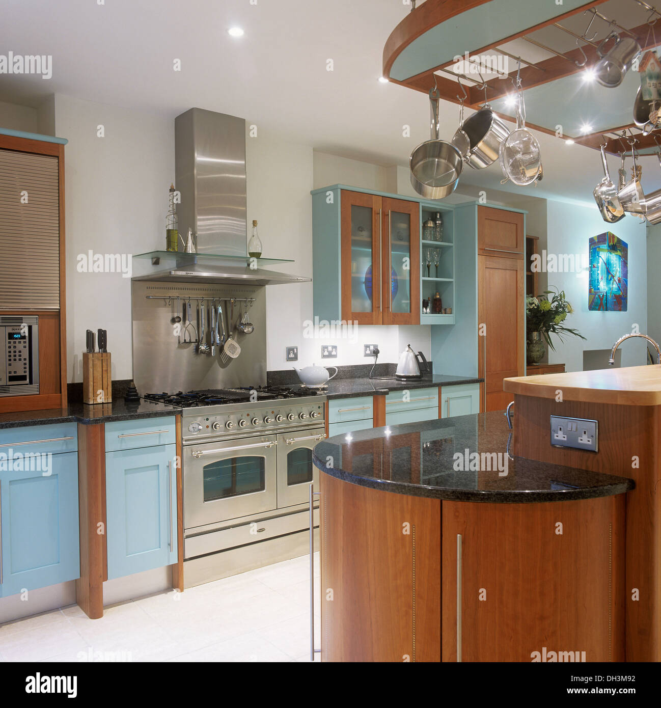 Stainless steel extractor and splash back above steel range oven in