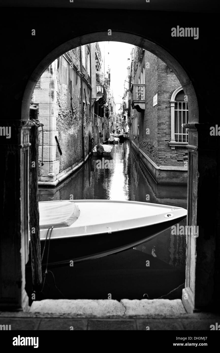 A small channel, black and white, UNESCO World Heritage Site, Venice, Veneto, Italy, Europe Stock Photo