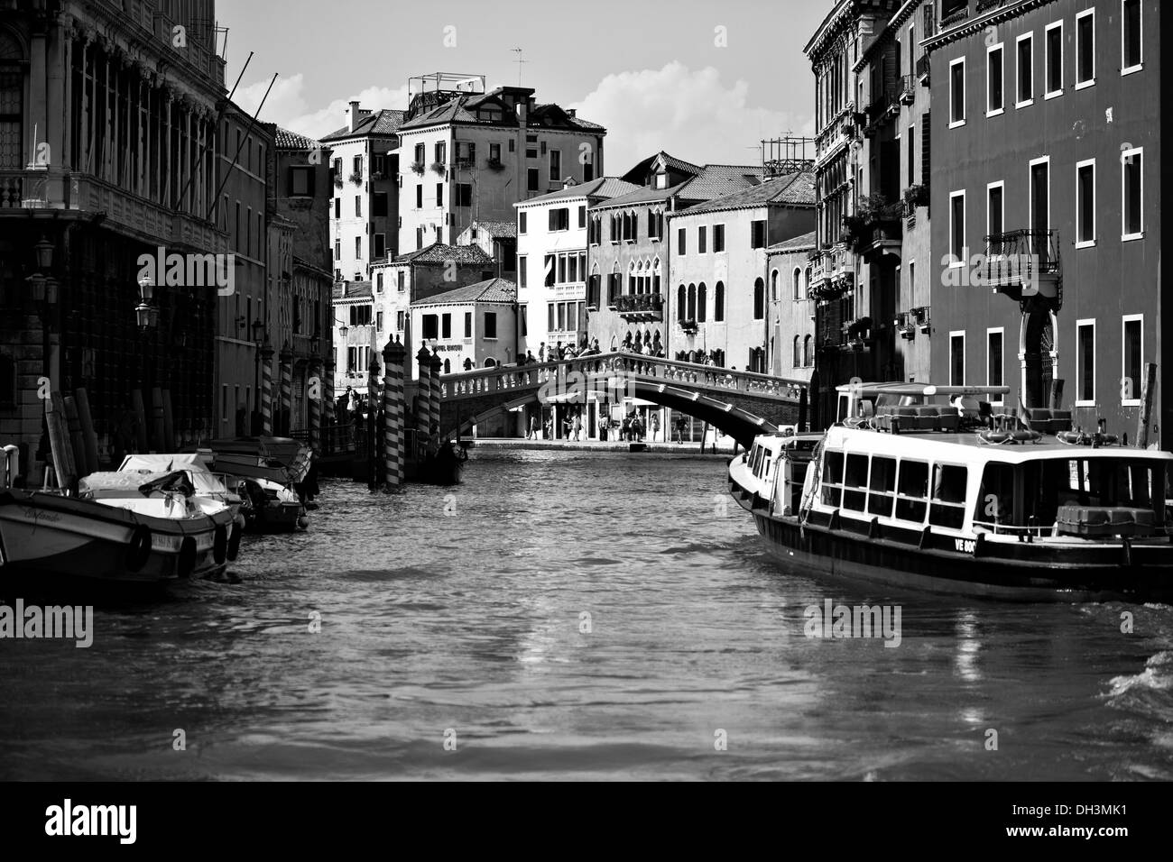 Black and white image, canal with a bridge in Venice, UNESCO World Heritage Site, Veneto, Italy, Europe Stock Photo