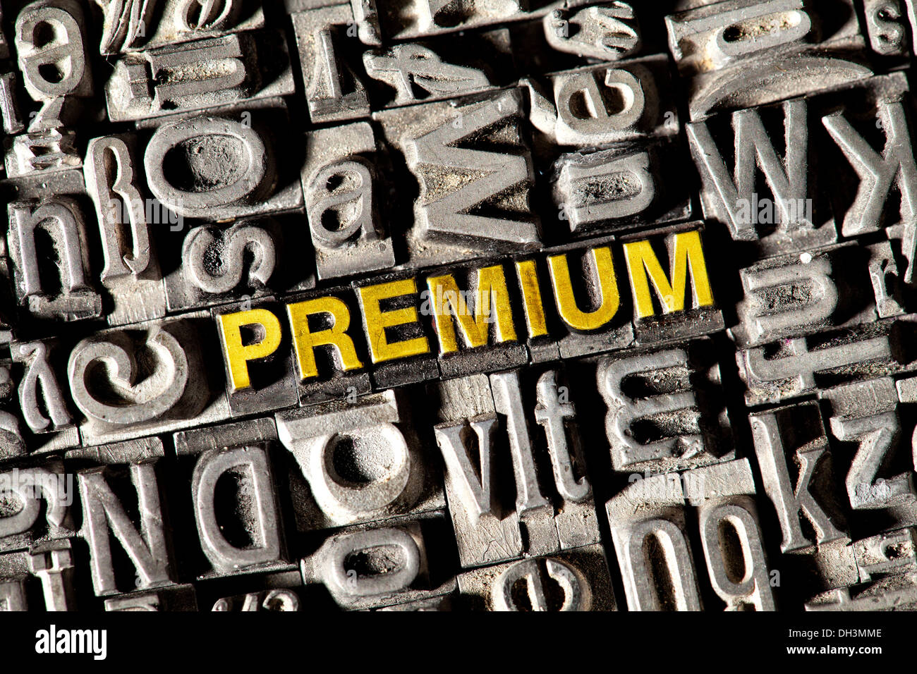 Old lead letters forming the word 'PREMIUM' Stock Photo