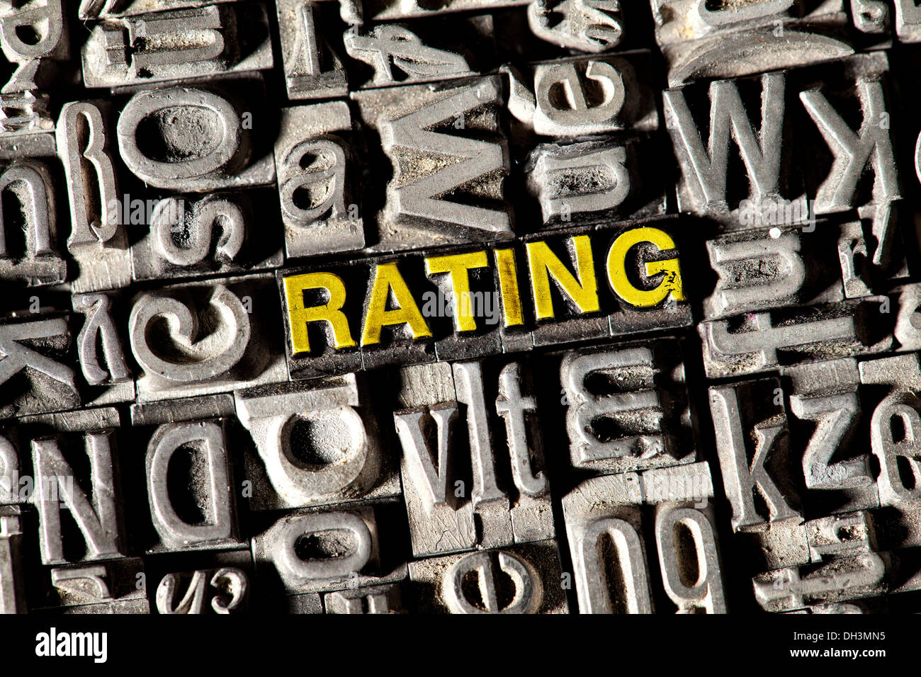 Old lead letters forming the word 'RATING' Stock Photo