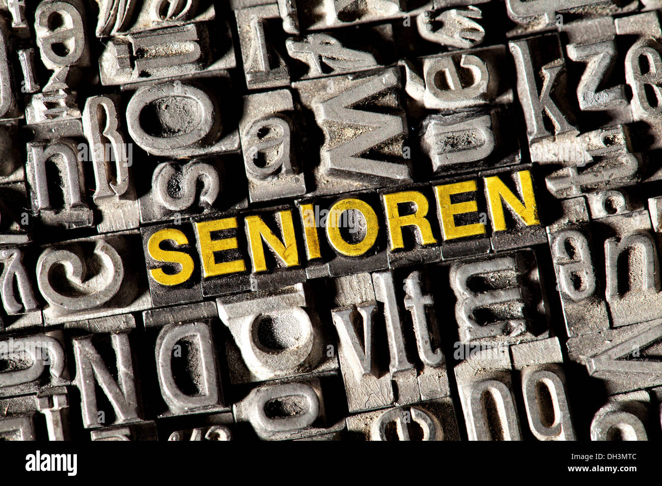 Old lead letters forming the word 'SENIOREN', German for 'SENIORS' Stock Photo