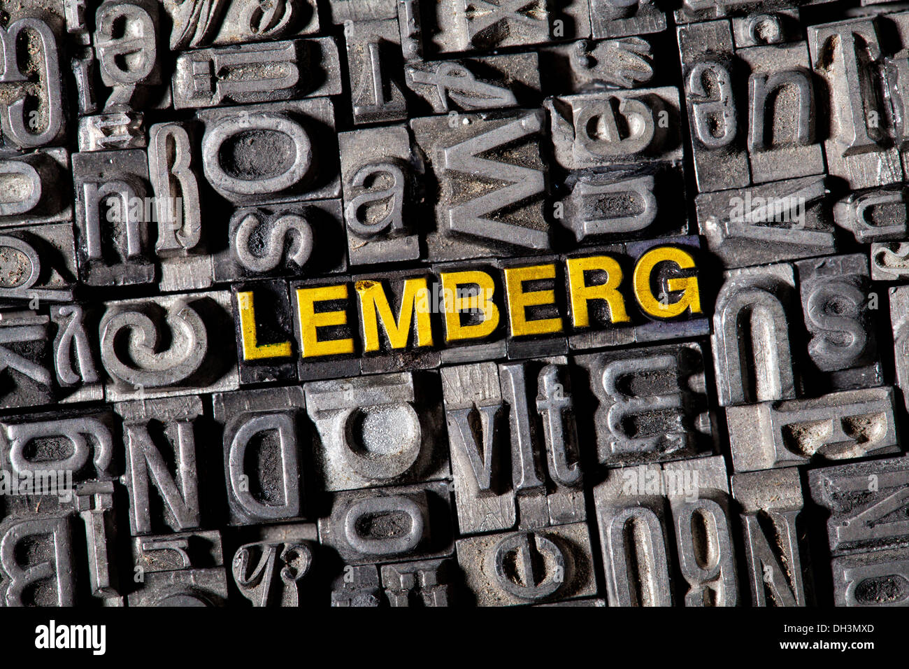 Old lead letters forming the name of the city of Lemberg, German for Lviv Stock Photo