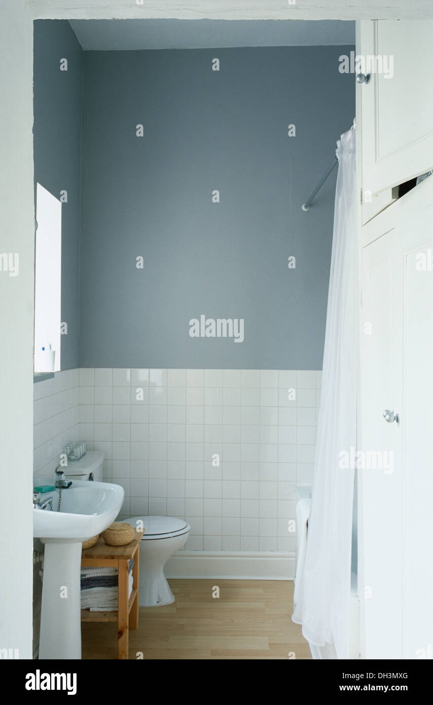 White pedestal basin and white storage cupboards in modern pale blue