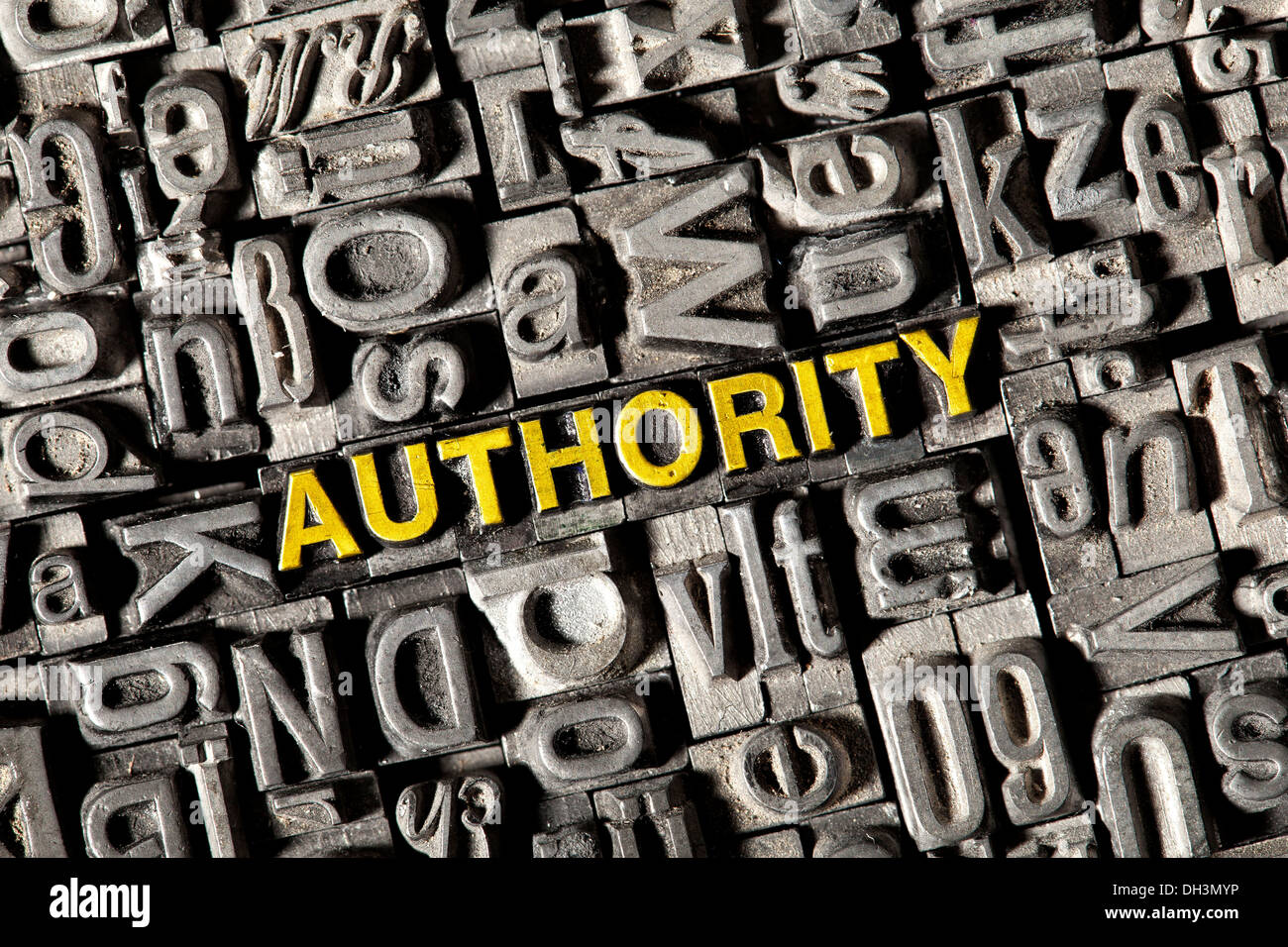 Old lead letters forming the word 'authority' Stock Photo