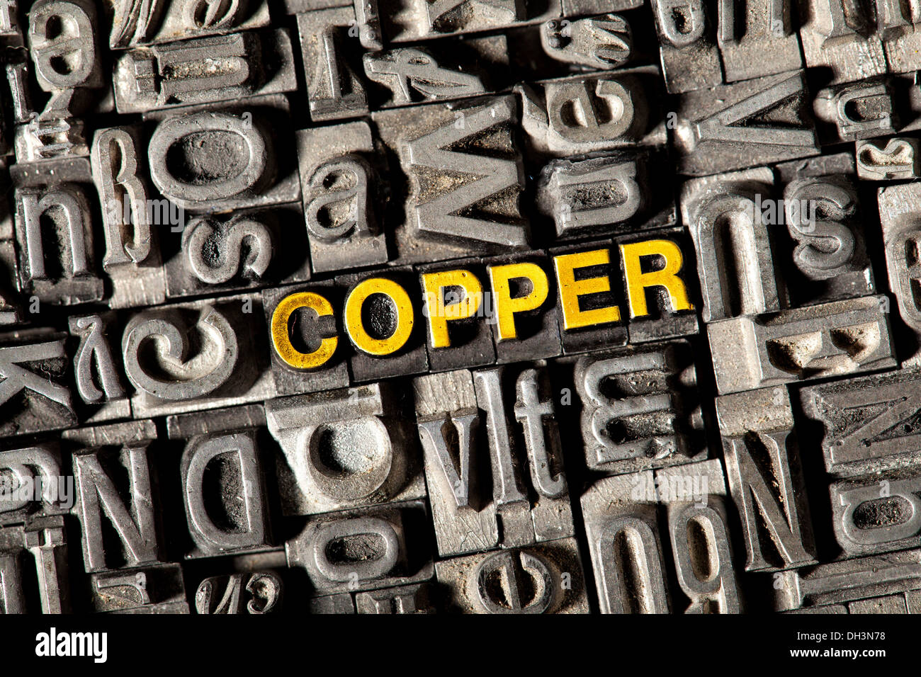 Old lead letters forming the word COPPER Stock Photo
