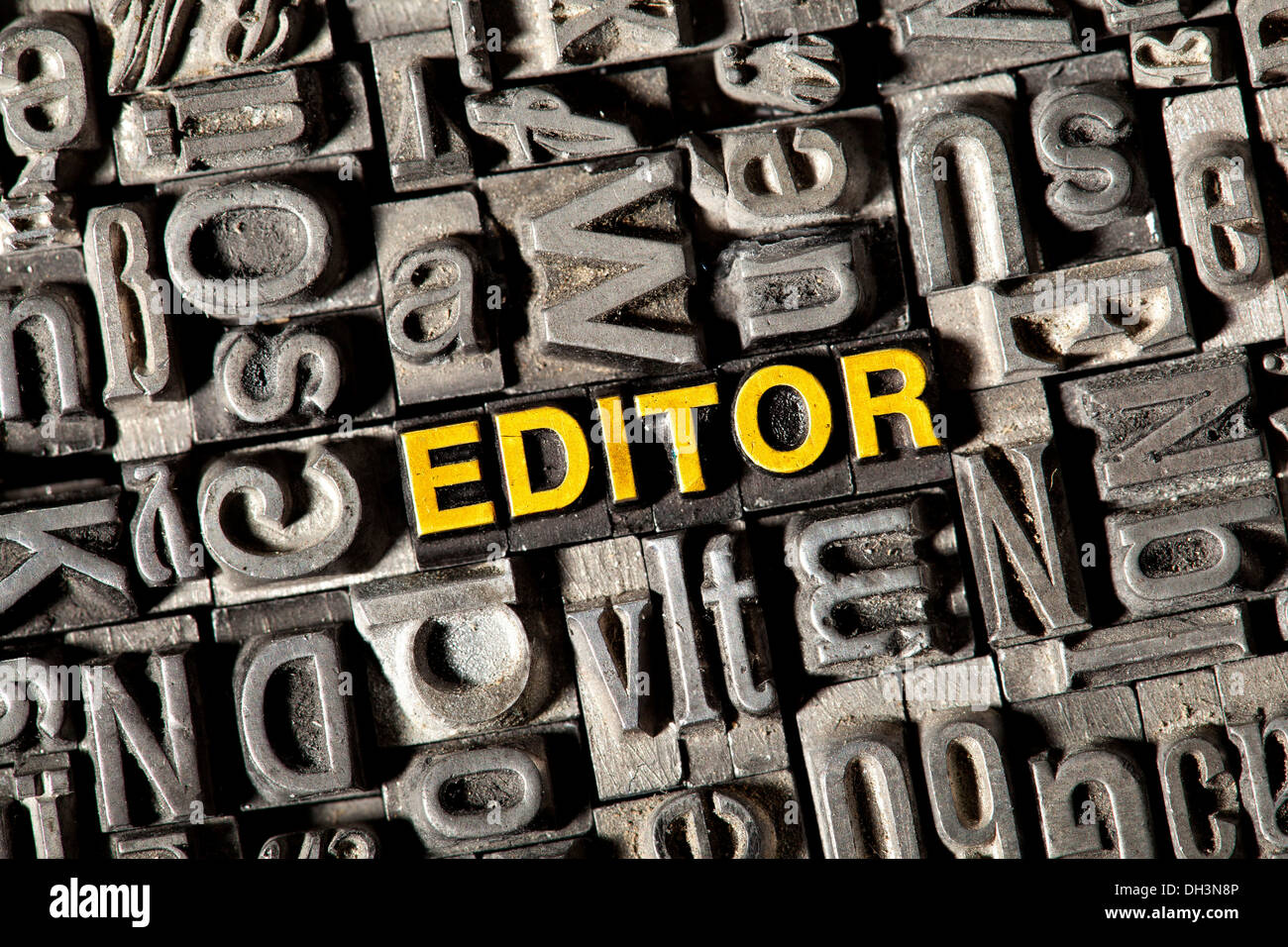 Old lead letters forming the word EDITOR Stock Photo