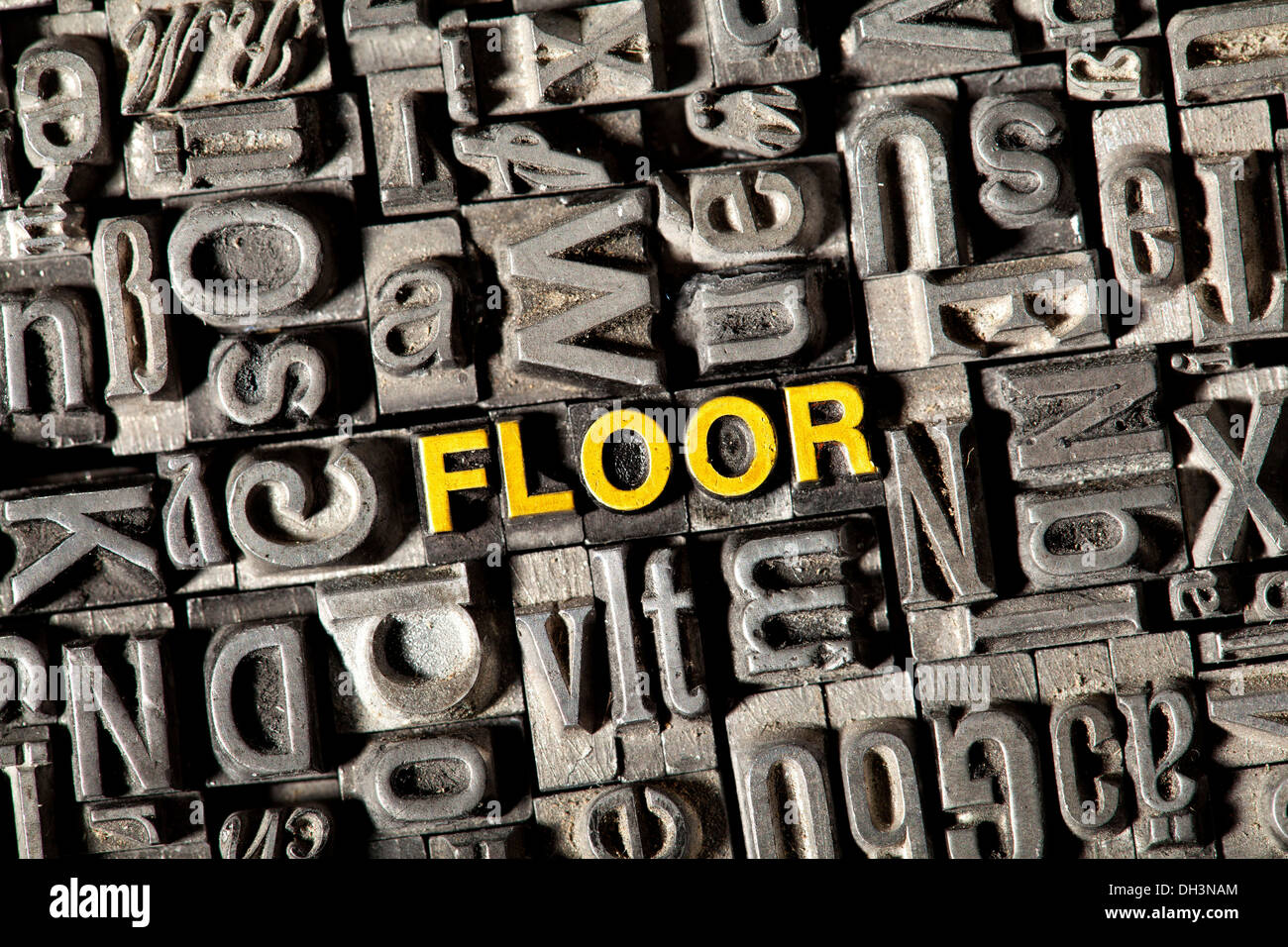 Old lead letters forming the word FLOOR Stock Photo