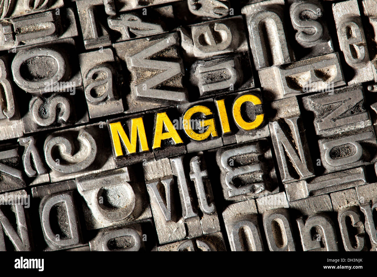 Old lead letters forming the word 'MAGIC' Stock Photo