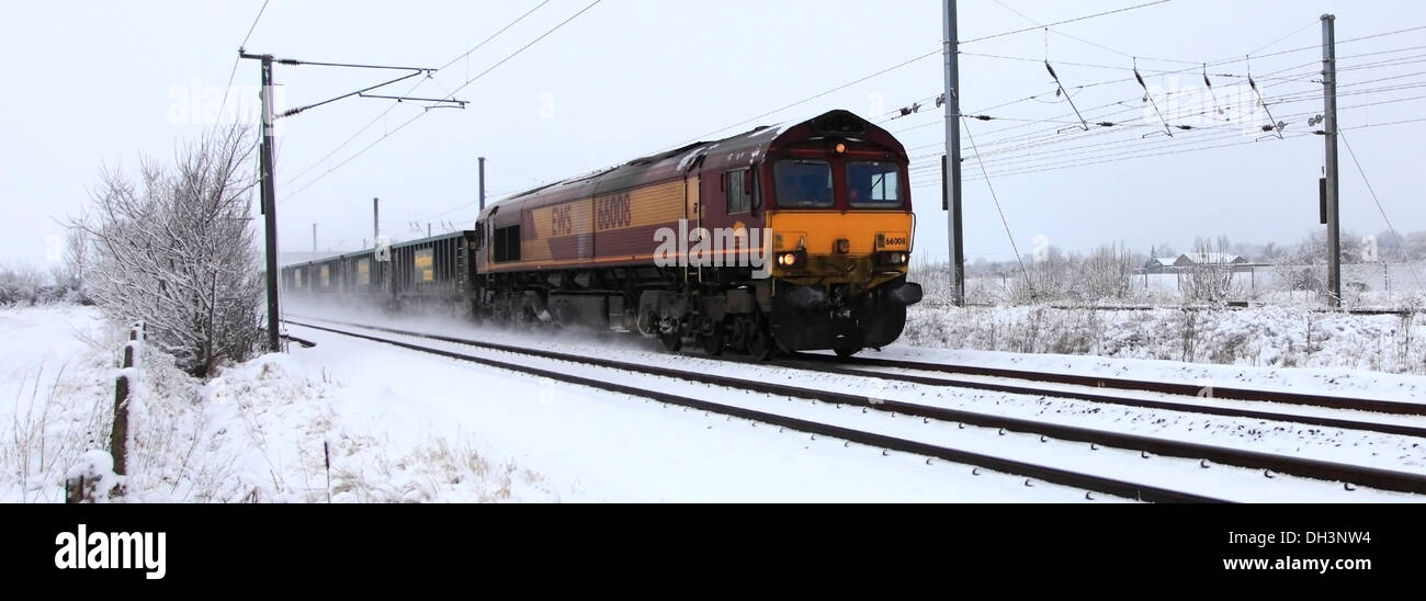 EWS trains 66008 Diesel Powered Freight Train, pulling containers, East Coast Main Line Railway, Cambridgeshire Stock Photo
