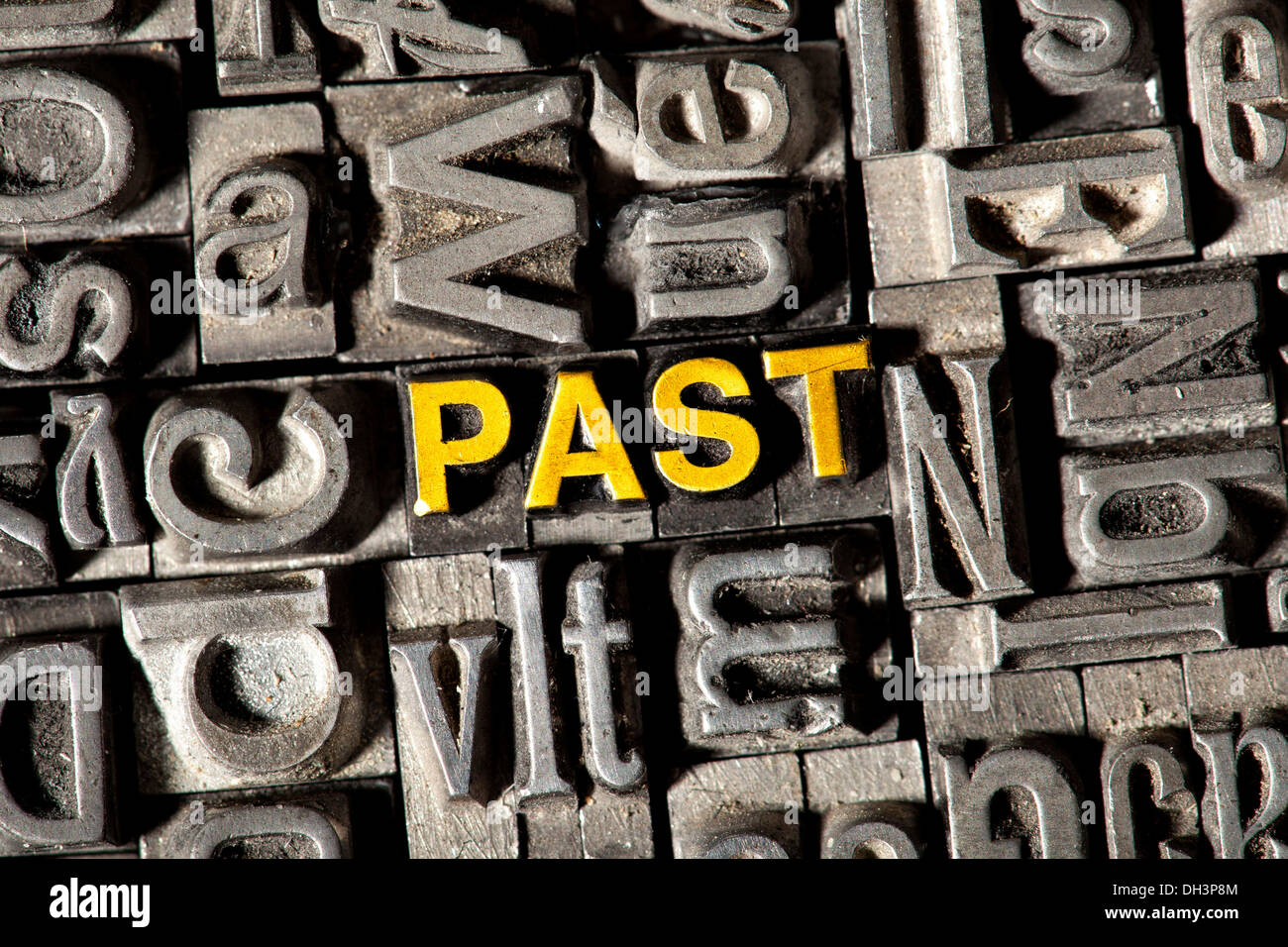 Old lead letters forming the word PAST Stock Photo