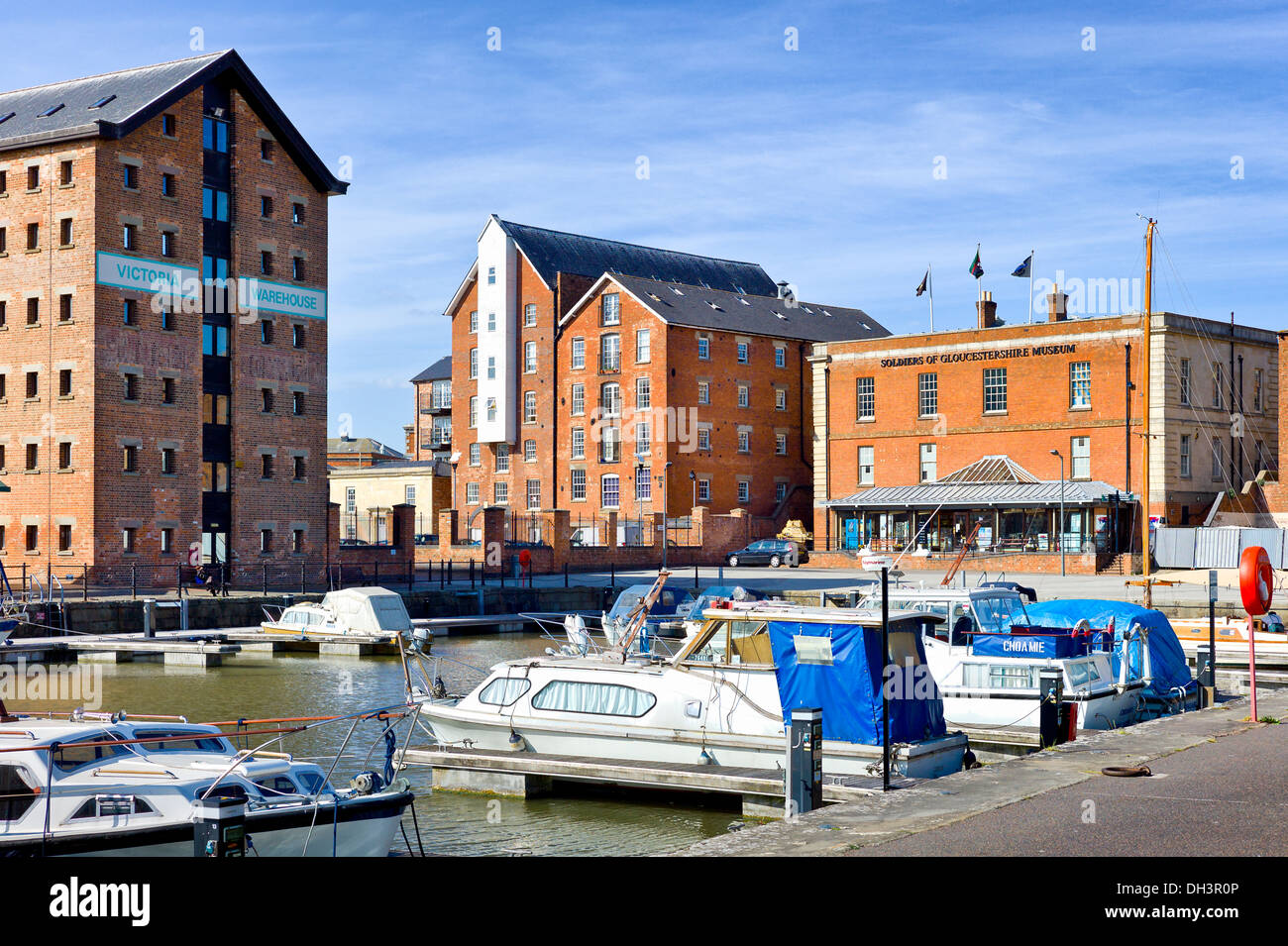 Small boats moored in Gloucester Docks UK Stock Photo
