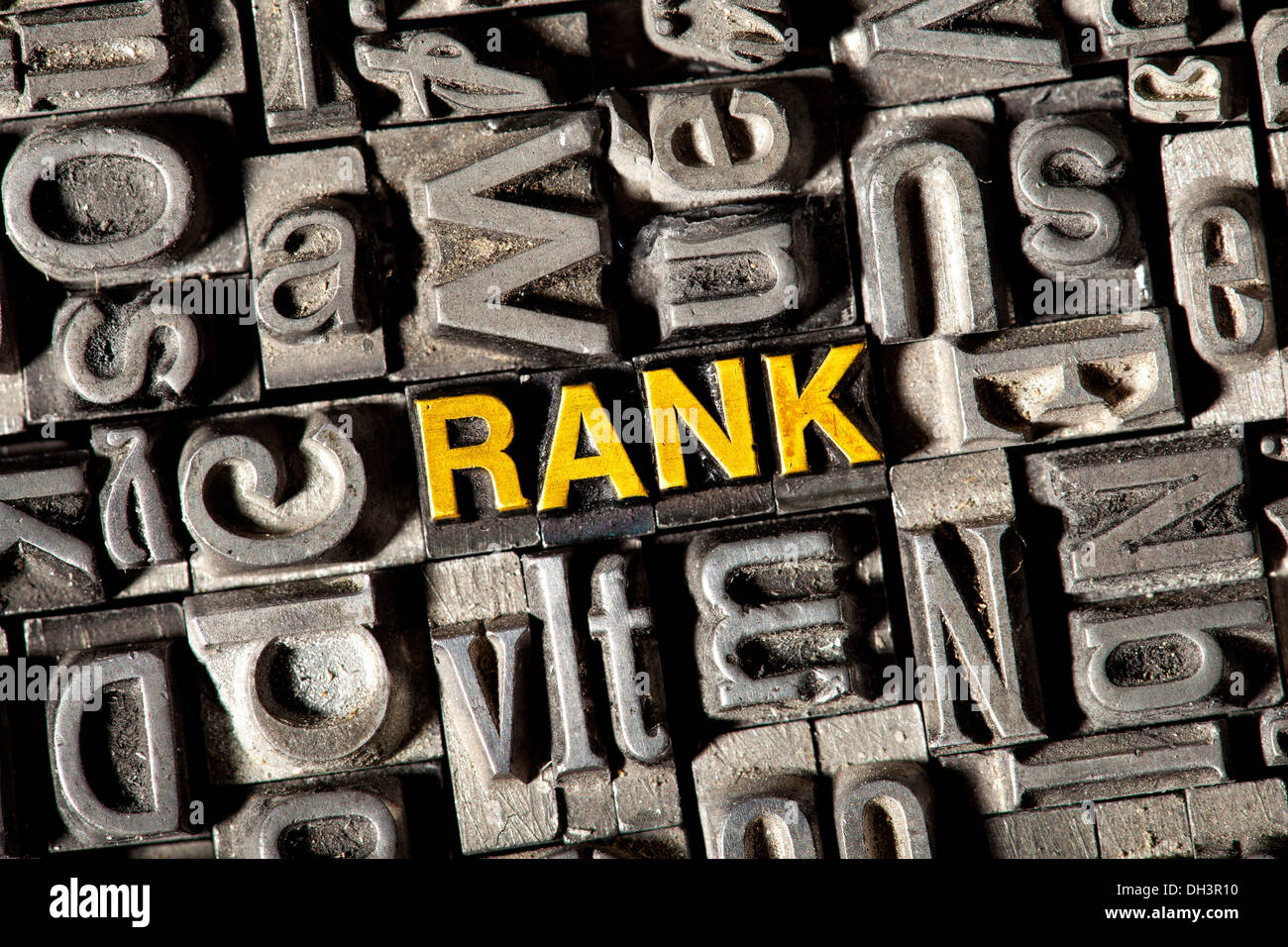 Old lead letters forming the word RANK Stock Photo