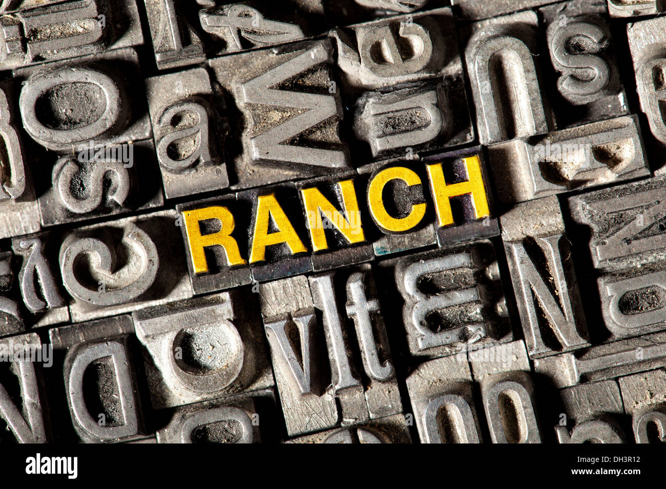 Old lead letters forming the word RANCH Stock Photo